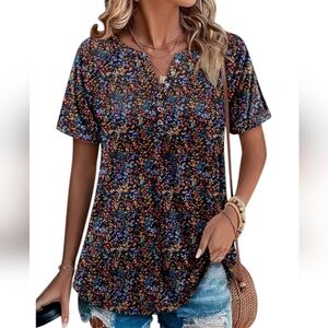 🆕 Women's Black & Rainbow Colors Floral Print Short Sleeve Blouse